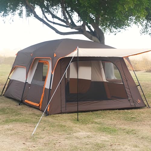 KTT Extra Large Tent 12 Person(A),Family Cabin Tents,2 Rooms,3 Doors and 3 Windows with Mesh,Straight Wall,Waterproof,Double Layer,Big Tent for Outdoor,Picnic,Camping,Family Gathering(Brown) - Image 2