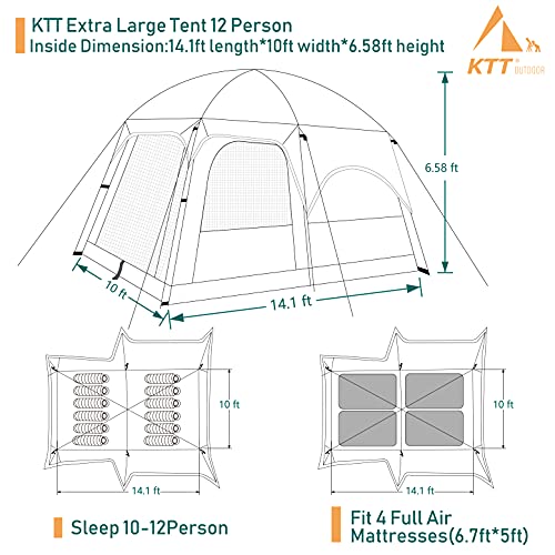 KTT Extra Large Tent 12 Person(A),Family Cabin Tents,2 Rooms,3 Doors and 3 Windows with Mesh,Straight Wall,Waterproof,Double Layer,Big Tent for Outdoor,Picnic,Camping,Family Gathering(Brown) - Image 5