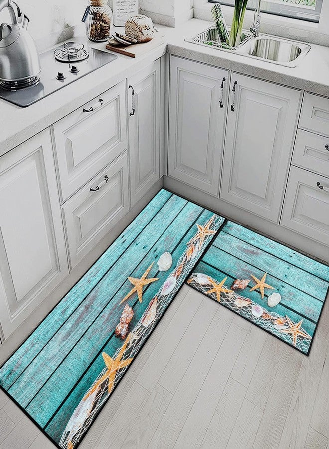Tayney Rustic Starfish Shells Kitchen Rugs and Mats Non Skid Washable Set of 2, Turquoise Wooden Planks Kitchen Mats for Floor, Tropical Beach Kitchen Runner Rug, Summer Kitchen Decor - Image 2