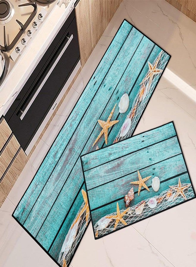 Tayney Rustic Starfish Shells Kitchen Rugs and Mats Non Skid Washable Set of 2, Turquoise Wooden Planks Kitchen Mats for Floor, Tropical Beach Kitchen Runner Rug, Summer Kitchen Decor - Image 1