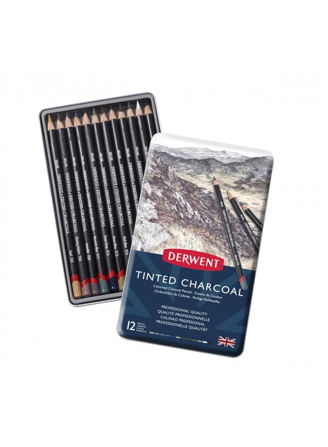 Derwent Tinted Charcoal Pencils, 4mm Core, Metal Tin, 12 Count (2301690) - Image 1
