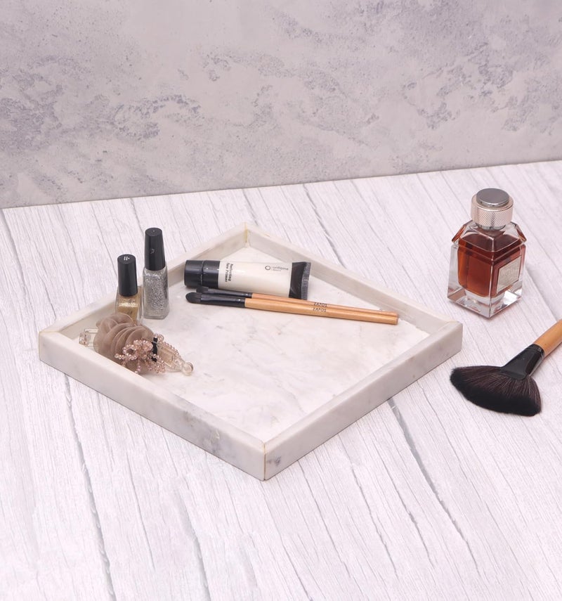 DECORAGE Marble Square Vanity Tray – Bathroom Countertop & Dresser Tray for Women | Elegant Decorative Organizer for Makeup, Jewelry, Perfume & Skincare – (White, 10 X 10 Inch) - Image 1