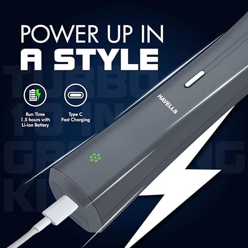 Havells Turbo 10 In 1 Grooming Kit | Hair Trimmer,Face, Ear & Nose |No Nicks & Cuts |LED Indicator| Upto 90 Min Quick Charge| 2 Year Guarantee| GS6110 (Grey) - Image 2