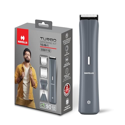 Havells Turbo 10 In 1 Grooming Kit | Hair Trimmer,Face, Ear & Nose |No Nicks & Cuts |LED Indicator| Upto 90 Min Quick Charge| 2 Year Guarantee| GS6110 (Grey) - Image 1