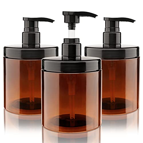 Hethyo Pump Bottle Dispenser 3 Pcs 600ml/20oz Refillable Plastic Pump Bottles Wide Mouth Jar Style BPA Free Empty Pump Bottles Bathroom Shower Containers for Lotion Shampoo Conditioner (Brown) - Image 1
