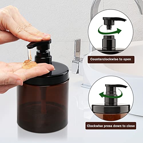 Hethyo Pump Bottle Dispenser 3 Pcs 600ml/20oz Refillable Plastic Pump Bottles Wide Mouth Jar Style BPA Free Empty Pump Bottles Bathroom Shower Containers for Lotion Shampoo Conditioner (Brown) - Image 2