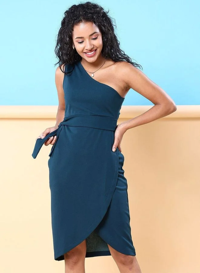 Women Regular Fit Solid Asymmetric Neck Sleeveless One Shoulder Dress