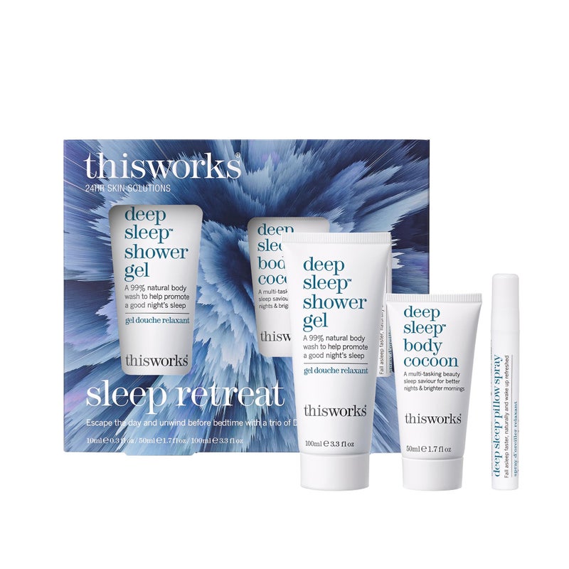 thisworks Sleep Retreat Box Gift Set Deep Sleep Pillow Spray Body Moisturizer and Shower Gel Travel set to Promote Sleep with Lavender Camomile and Vetivert
