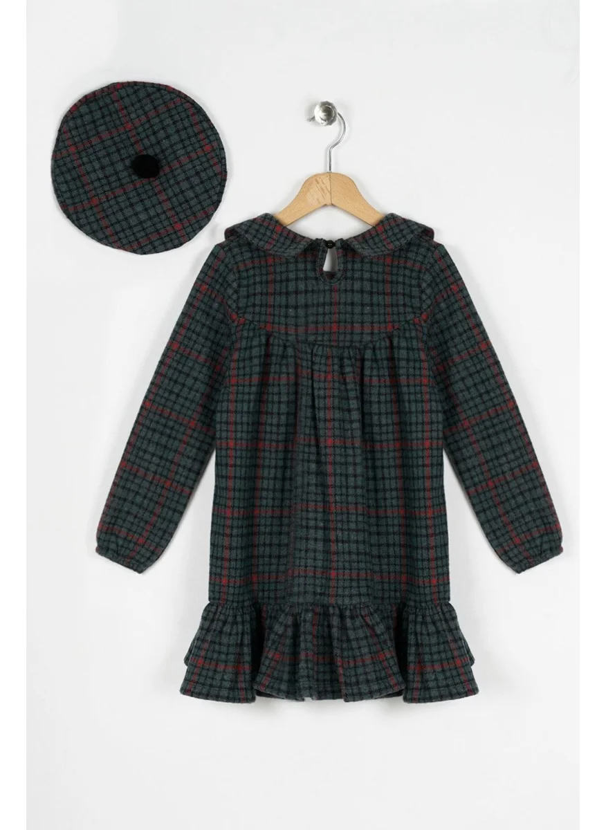 Zepkids Shirt Collar Long Sleeve Skirt Ruffle Layered Buttoned Cagla Green Color Girl's Dress