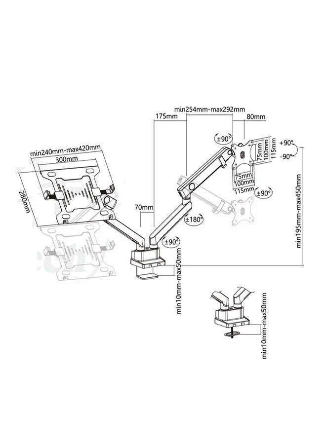 Skill Tech SH20 C024ML Aluminum Slim Spring-Assisted Monitor Arm with Laptop Holder for 17"-32" Screens, VESA 100x100, 8kg Load Capacity – Black - Image 3