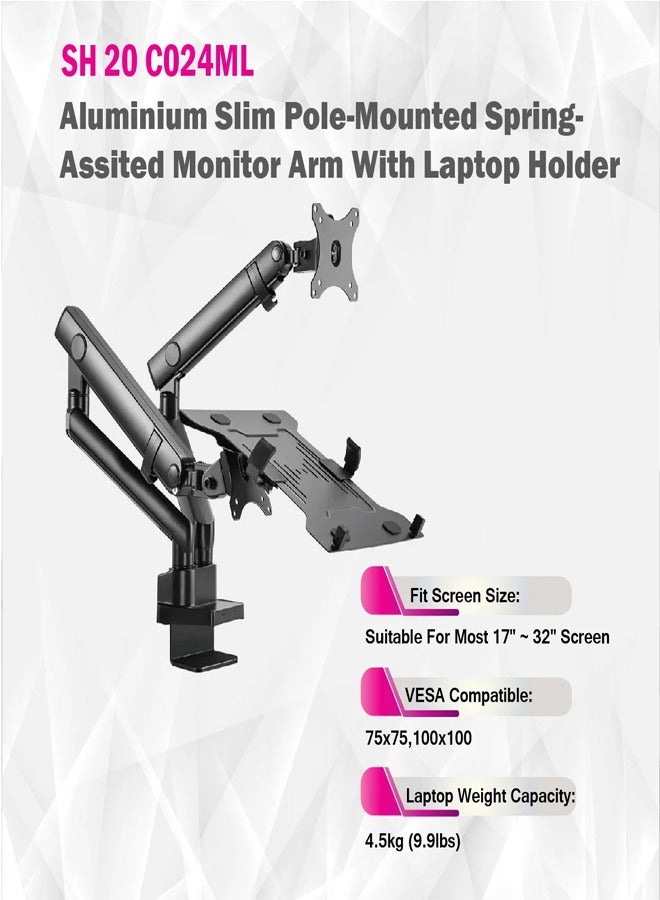 Skill Tech SH20 C024ML Aluminum Slim Spring-Assisted Monitor Arm with Laptop Holder for 17"-32" Screens, VESA 100x100, 8kg Load Capacity – Black - Image 4
