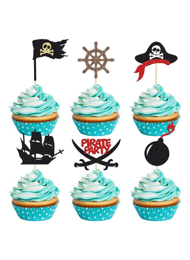 Ephlyn 24 قطعة من زينة الكب كيك القراصنة مع لمعة سوداء، زينة بحرية، أعلام قراصنة، أعواد كب كيك لعيد ميلاد الأطفال وحفلات استحمام الأطفال، لوازم تزيين الكعك - Image 1