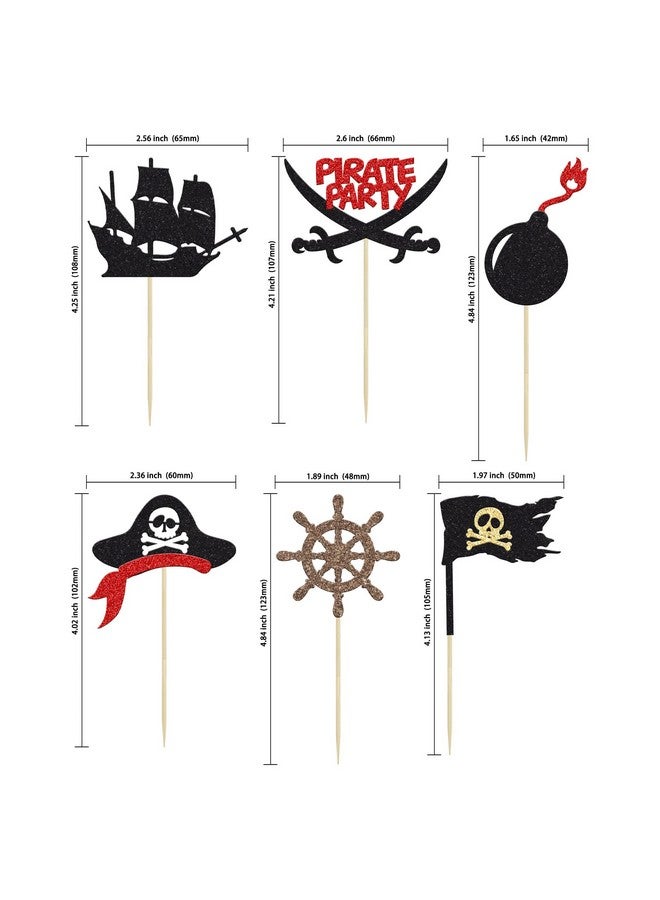 Ephlyn 24 قطعة من زينة الكب كيك القراصنة مع لمعة سوداء، زينة بحرية، أعلام قراصنة، أعواد كب كيك لعيد ميلاد الأطفال وحفلات استحمام الأطفال، لوازم تزيين الكعك - Image 2