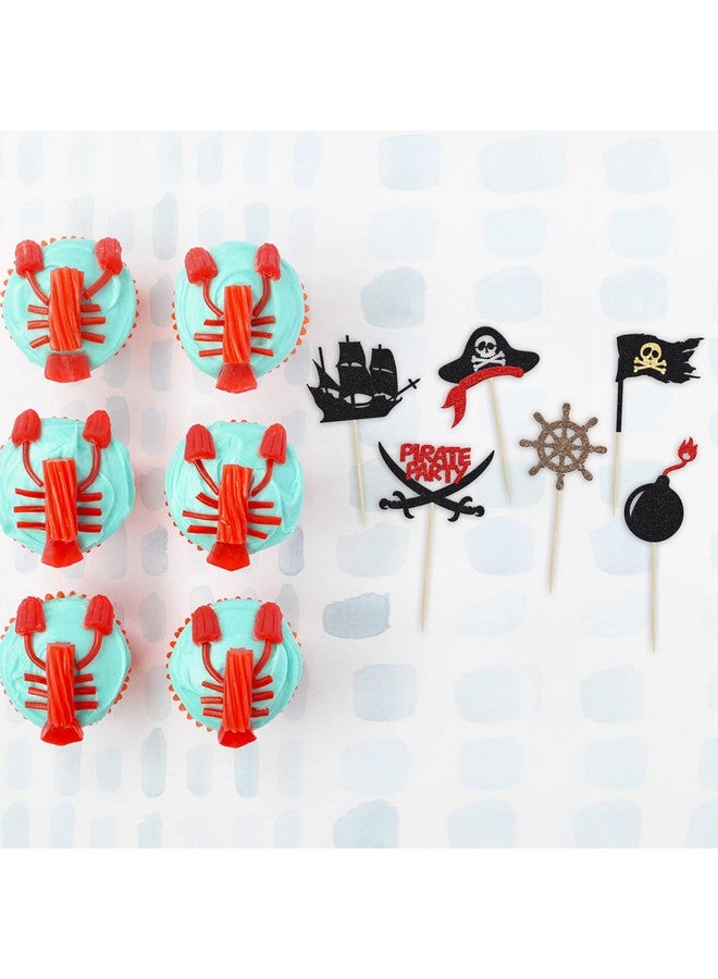 Ephlyn 24 قطعة من زينة الكب كيك القراصنة مع لمعة سوداء، زينة بحرية، أعلام قراصنة، أعواد كب كيك لعيد ميلاد الأطفال وحفلات استحمام الأطفال، لوازم تزيين الكعك - Image 3