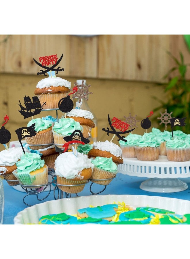 Ephlyn 24 قطعة من زينة الكب كيك القراصنة مع لمعة سوداء، زينة بحرية، أعلام قراصنة، أعواد كب كيك لعيد ميلاد الأطفال وحفلات استحمام الأطفال، لوازم تزيين الكعك - Image 4