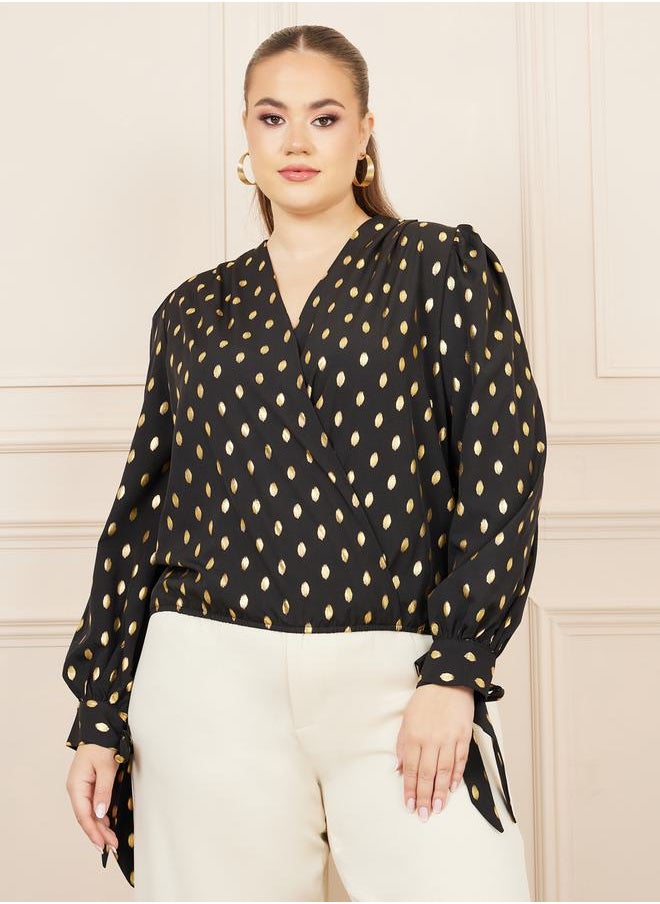 Styli - Foil Print Tie Sleeves Wrap Style Top - Image 1