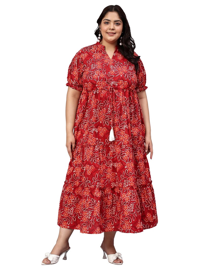 Indietoga Women's Plus Size Pure Cotton A-Line Tiered Maxi Dress (P10001530_Red Floral Printed_7XL) - Image 1