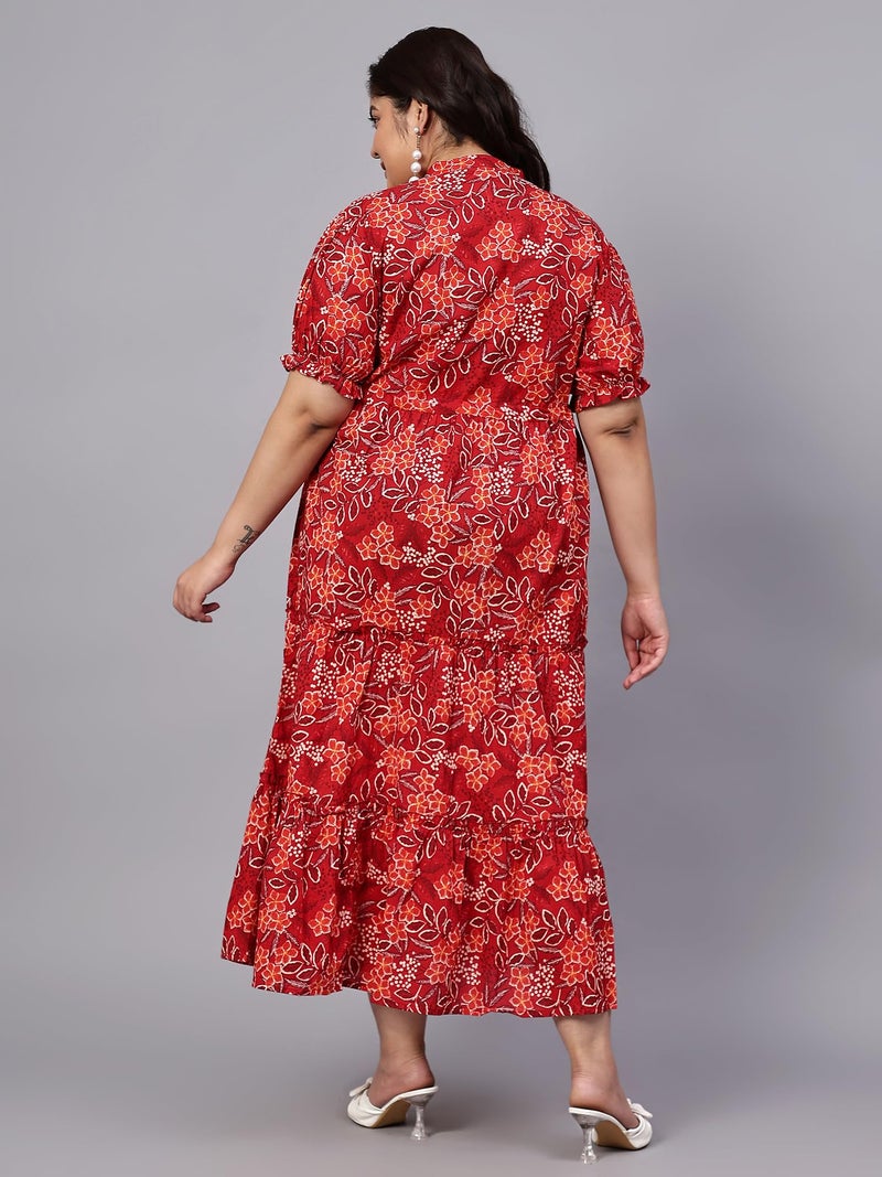 Indietoga Women's Plus Size Pure Cotton A-Line Tiered Maxi Dress (P10001530_Red Floral Printed_7XL) - Image 3