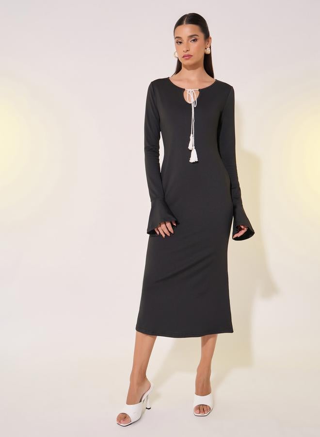 Take Two Knitted Tie-Up Neck Bodycon Midi Dress - Image 2