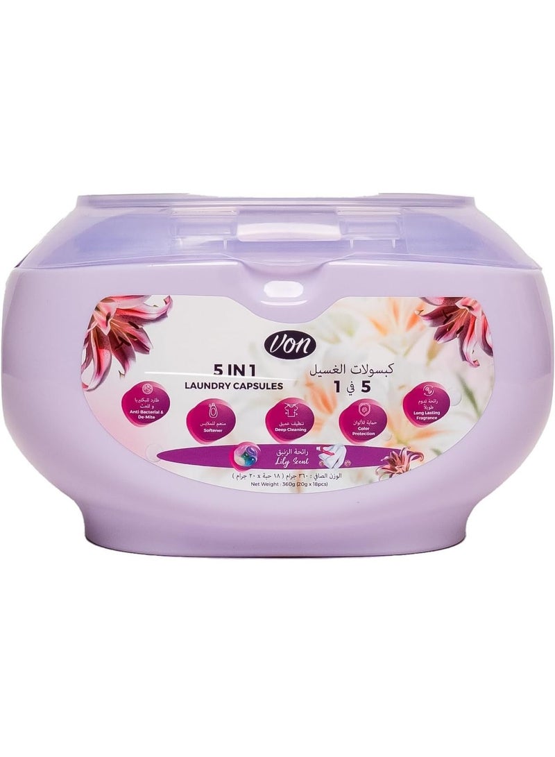 VON 5 In 1 Laundry Capsules Lily Scent 18 Capsules 360 G - Image 1