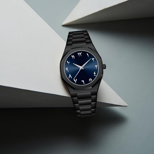 Gosasa Fashion Men's Quartz Watch with Middle Eastern Arabic Numeral Dial Design Stylish Stainless Steel Waterproof Business Casual Wristwatch (Black Blue) - Image 5