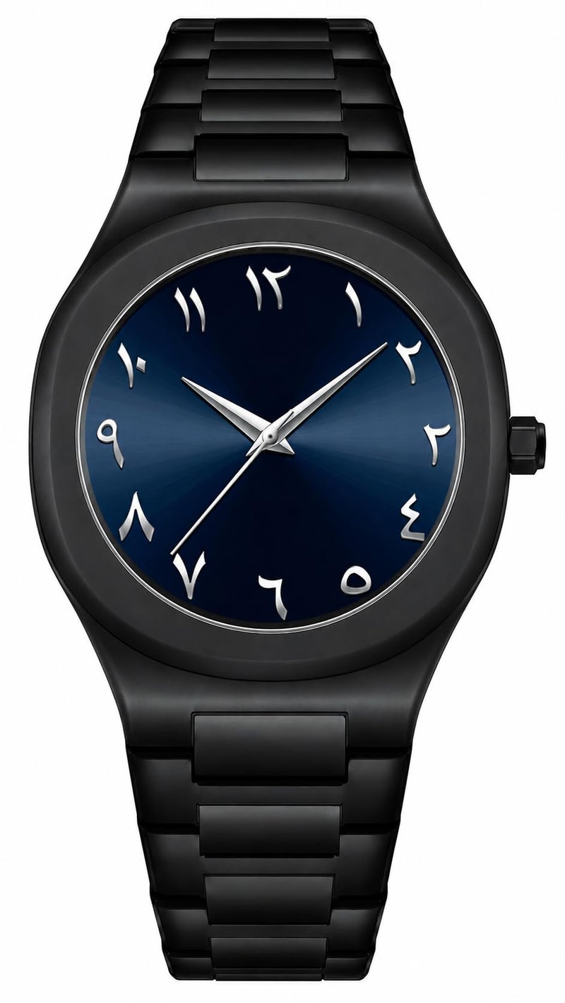 Gosasa Fashion Men's Quartz Watch with Middle Eastern Arabic Numeral Dial Design Stylish Stainless Steel Waterproof Business Casual Wristwatch (Black Blue) - Image 1