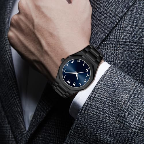 Gosasa Fashion Men's Quartz Watch with Middle Eastern Arabic Numeral Dial Design Stylish Stainless Steel Waterproof Business Casual Wristwatch (Black Blue) - Image 2
