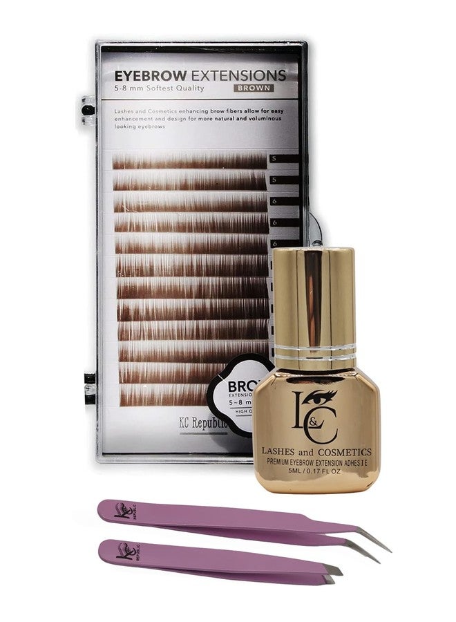 KC Republic Lash Eyebrow Extensions Kit with 1 x Trays of Mink False Eyebrows in Brown Comes on Mixed Length Trays 5-8 Mm Mix, Eyebrow Glue Clear & Dual Pack (Straight & Curved Tip) Extension Tweezers - Image 1