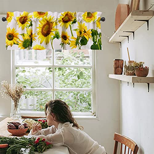 CANVASBEE Yellow Sunflowers Kitchen Valances for Windows Farmhouse Valance Rod Pocket 52"x18" Curtain White Valances for Cafe Living Room Bath Room 1 Panel - Image 3