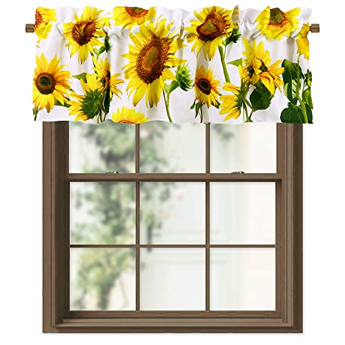 CANVASBEE Yellow Sunflowers Kitchen Valances for Windows Farmhouse Valance Rod Pocket 52"x18" Curtain White Valances for Cafe Living Room Bath Room 1 Panel - Image 1