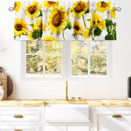 CANVASBEE Yellow Sunflowers Kitchen Valances for Windows Farmhouse Valance Rod Pocket 52"x18" Curtain White Valances for Cafe Living Room Bath Room 1 Panel - Image 2