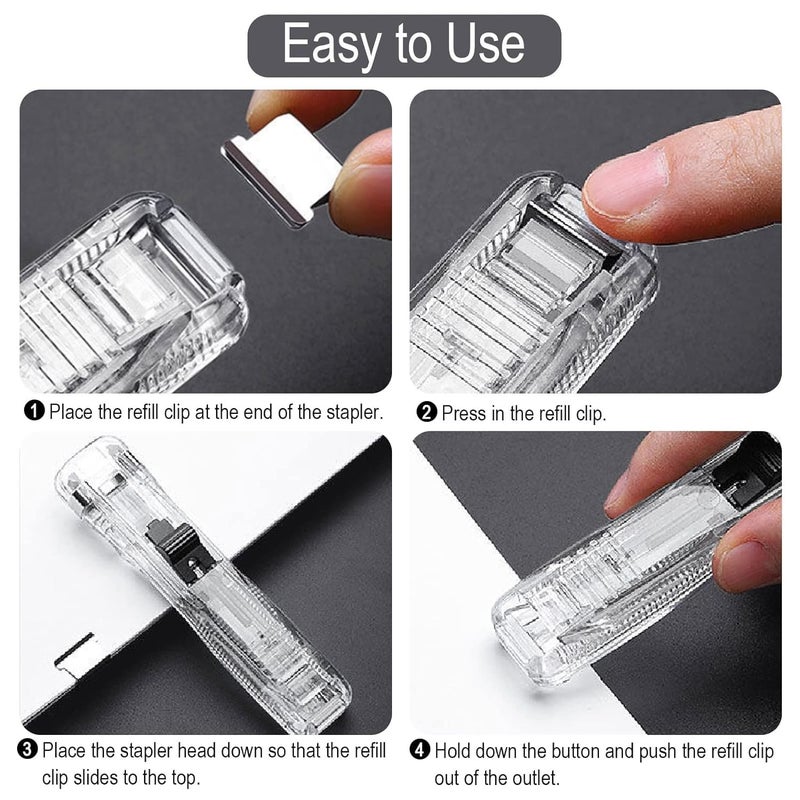 AUGEN Push Stapler 1 Pack, Mini Office Supplies Paper Staplers with 40 Pcs Reusable Clips, Binder Paper Clamps Desktop Stapler, Clam Clip Dispenser for Office Document Home School Supplies (Black) - Image 4