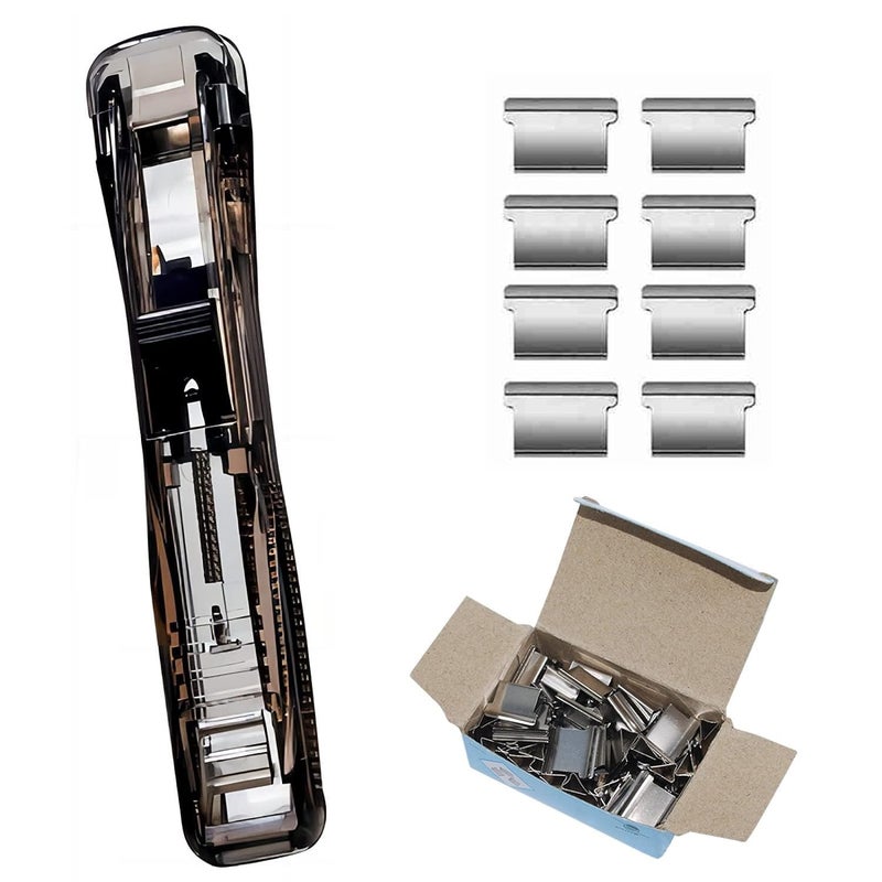 AUGEN Push Stapler 1 Pack, Mini Office Supplies Paper Staplers with 40 Pcs Reusable Clips, Binder Paper Clamps Desktop Stapler, Clam Clip Dispenser for Office Document Home School Supplies (Black) - Image 1