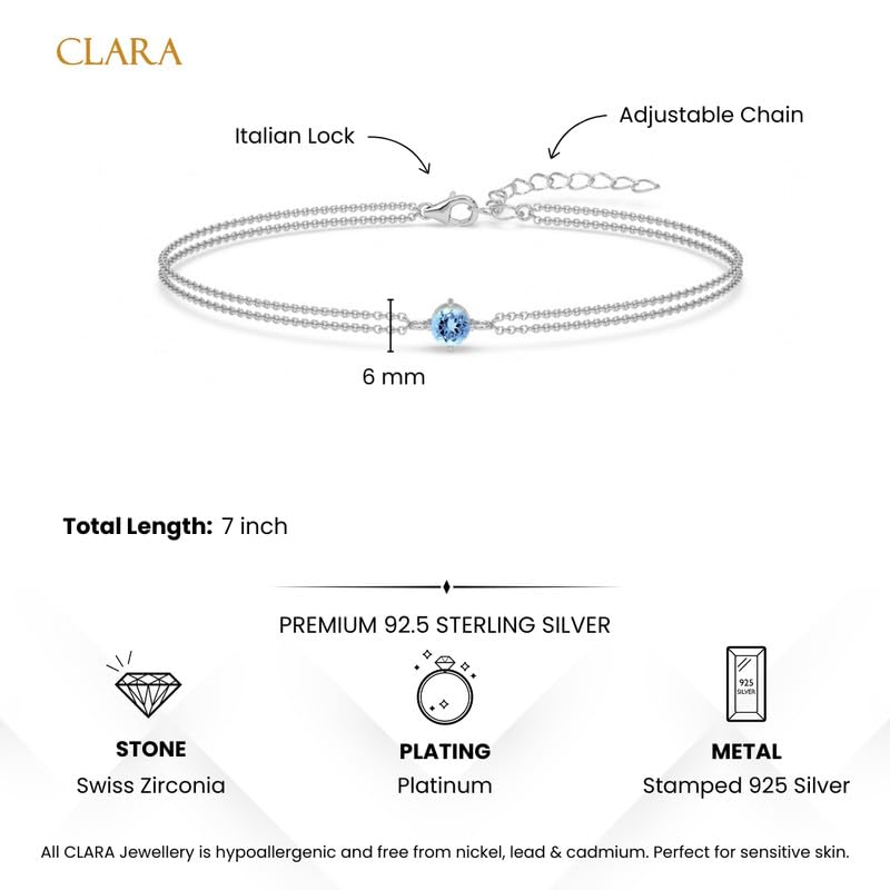 Clara 925 Sterling Silver Sky Blue Solitaire Double Chain Bracelet | Adjustable, Platinum Plated, Swiss Zirconia | Gift for Women and Girls - Image 5