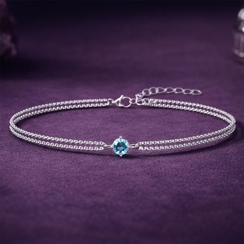Clara 925 Sterling Silver Sky Blue Solitaire Double Chain Bracelet | Adjustable, Platinum Plated, Swiss Zirconia | Gift for Women and Girls - Image 2