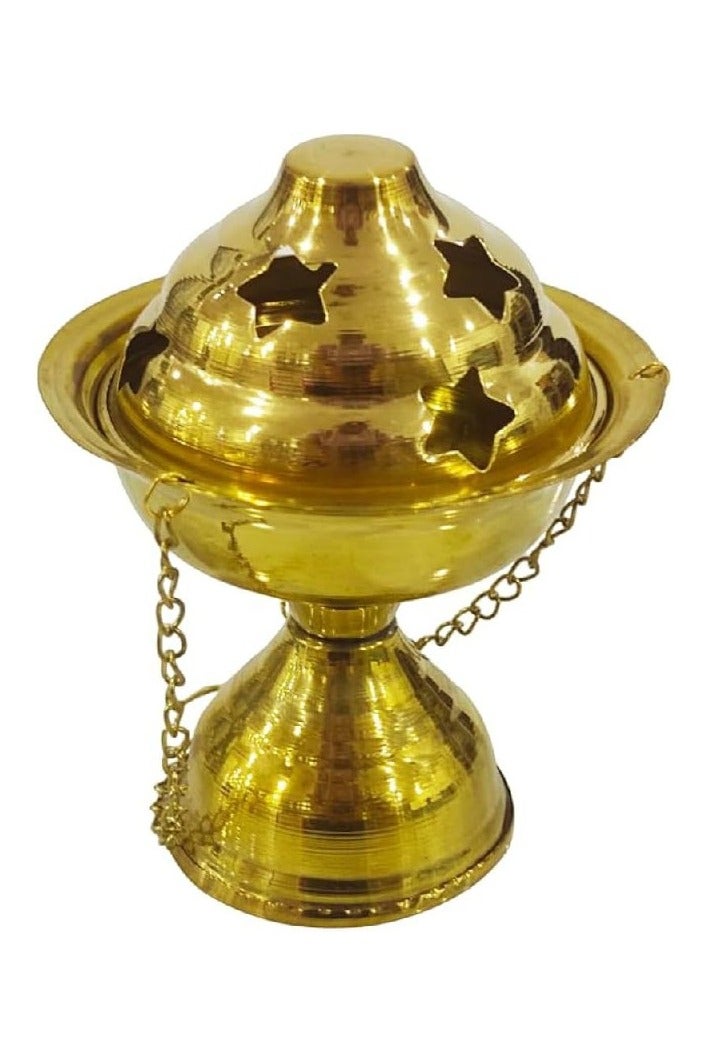 Circular, hand-carved, non-bending, non-warping, heat-resistant brass incense burner with chain holder  - Image 1
