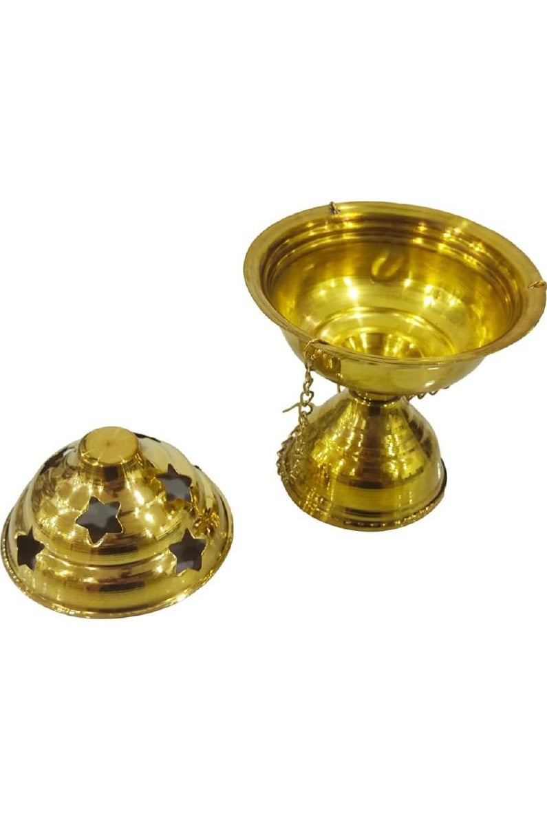 Circular, hand-carved, non-bending, non-warping, heat-resistant brass incense burner with chain holder  - Image 2