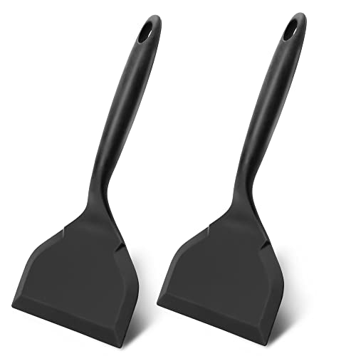Ecerangus 2 Pack Silicone Pancakes Spatula,Wide Pancakes Spatula Turner for Eggs Fish Pizza and Steak Shovel Omelette Spatulas for Nonstick Cookware,Heat Resistant Kitchen Flipper Spatulas for Cooking (Black) - Image 1