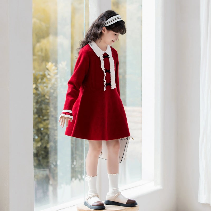Girls Skirt 2025 Spring and Autumn New Childrens Knitted dress Childrens Wear Womens Mid-length Base Sweater Red sweater dress