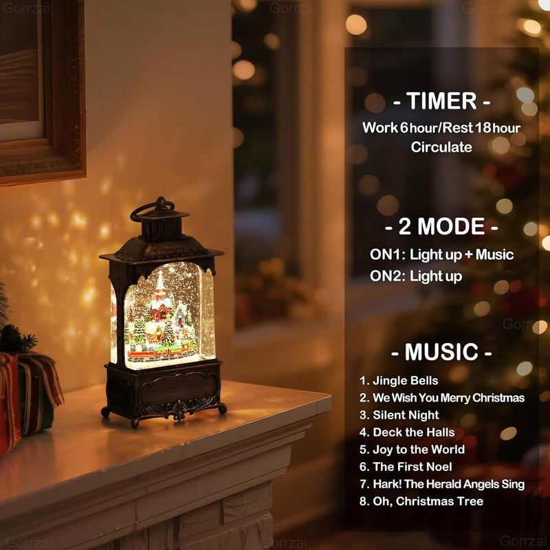 Gorrzai Christmas Snow Globes Village Snow Globe Lantern, Lighted Christmas Decorations Indoor with Music Timer Swirling Glitter, Light Up Musical Church Train Mountain Decor, USB or Battery Operated - Image 4