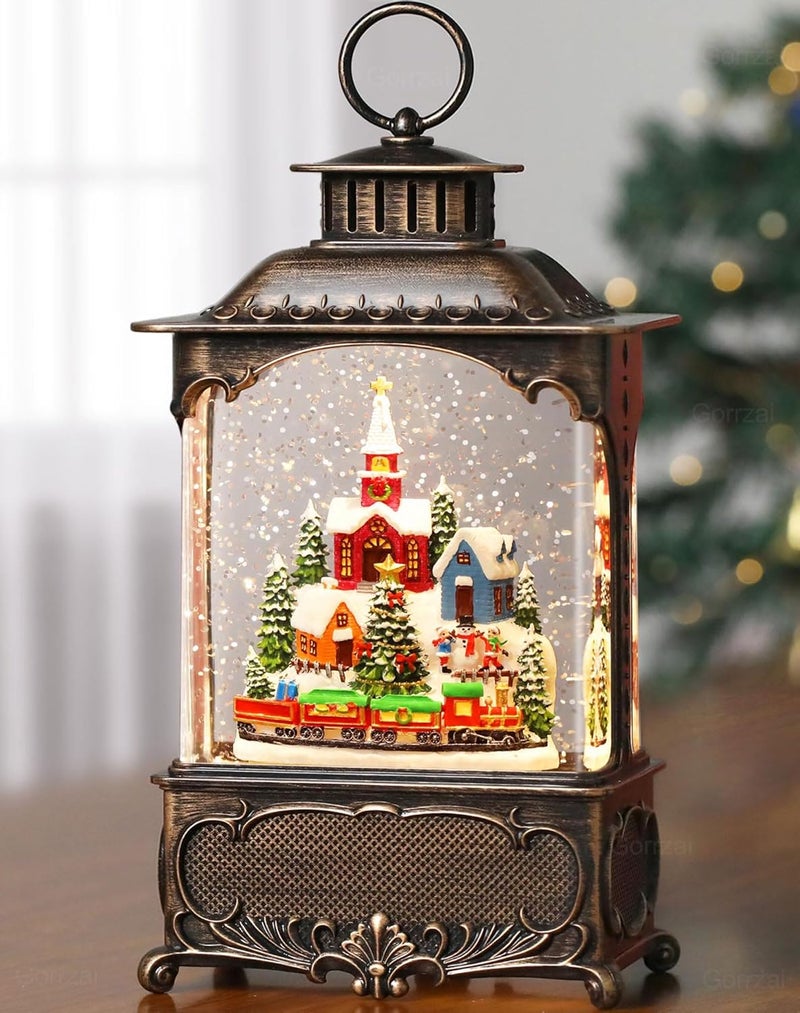 Gorrzai Christmas Snow Globes Village Snow Globe Lantern, Lighted Christmas Decorations Indoor with Music Timer Swirling Glitter, Light Up Musical Church Train Mountain Decor, USB or Battery Operated - Image 1