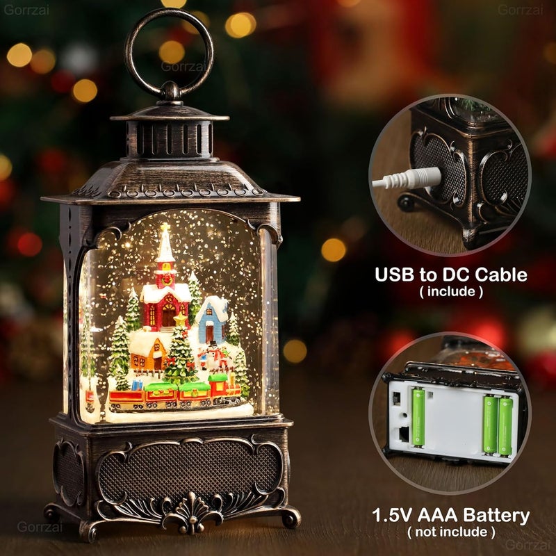 Gorrzai Christmas Snow Globes Village Snow Globe Lantern, Lighted Christmas Decorations Indoor with Music Timer Swirling Glitter, Light Up Musical Church Train Mountain Decor, USB or Battery Operated - Image 3