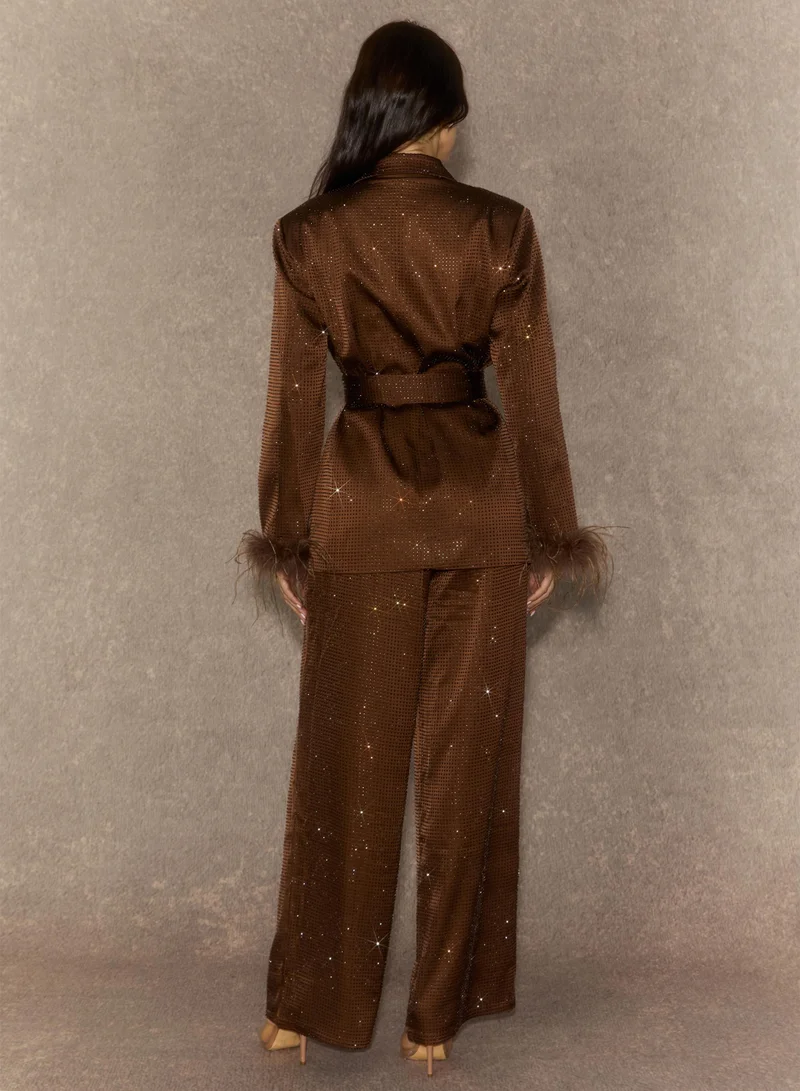Sunfere  Suave Presence Brown Diamond Blazer & Wide Leg Pants Set for Women | Best Price UAE