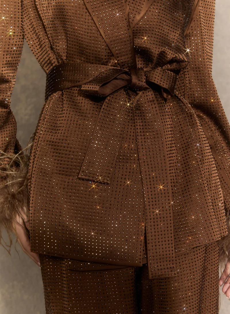 Sunfere  Suave Presence Brown Diamond Blazer & Wide Leg Pants Set for Women | Best Price UAE