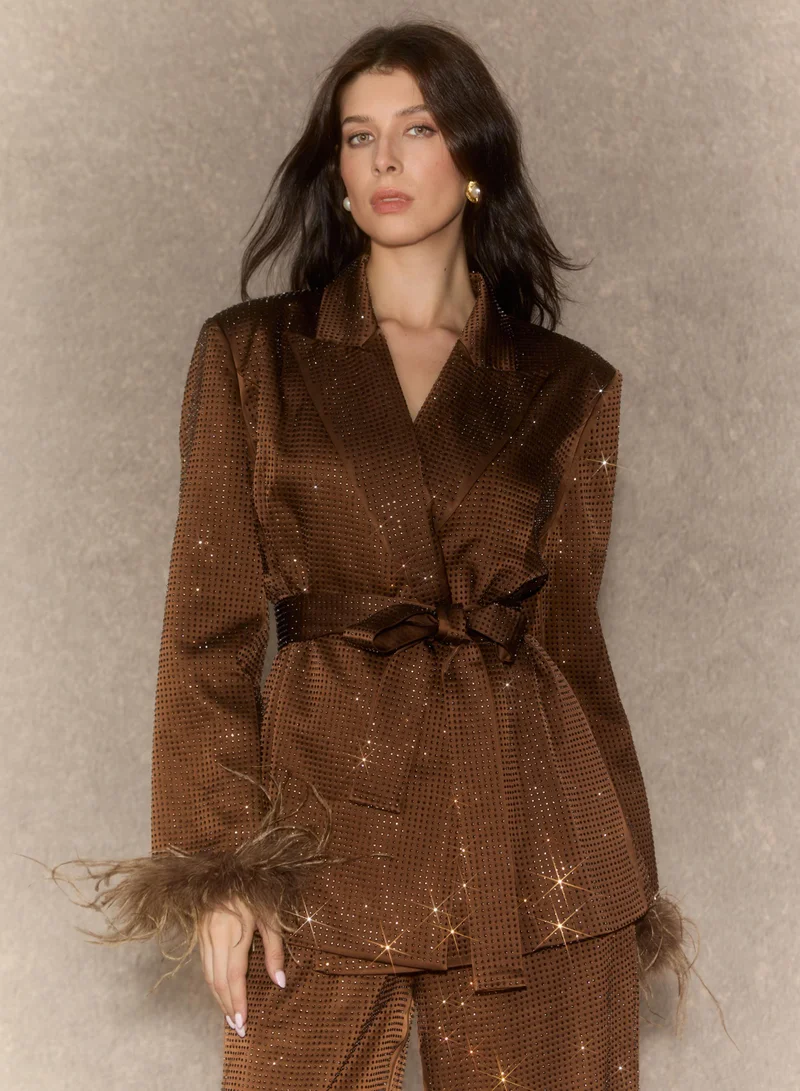 Sunfere  Suave Presence Brown Diamond Blazer & Wide Leg Pants Set for Women | Best Price UAE