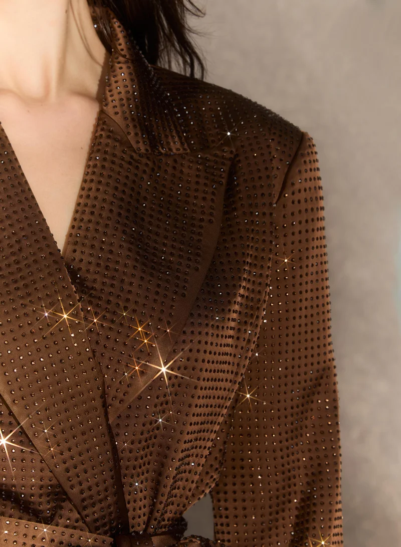 Sunfere  Suave Presence Brown Diamond Blazer & Wide Leg Pants Set for Women | Best Price UAE