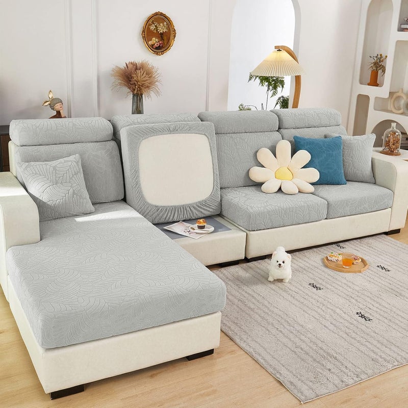 ShowyLive Polyester 2024 New WearResistant Universal Sofa Cover Stretch Couch Cushion Slipcovers Replacement AntiSlip L Shape Sofa Covers Sofa Slipcover Leaves Light GreyM Back Cover - Image 1