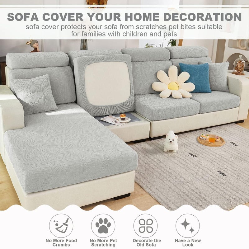 ShowyLive Polyester 2024 New WearResistant Universal Sofa Cover Stretch Couch Cushion Slipcovers Replacement AntiSlip L Shape Sofa Covers Sofa Slipcover Leaves Light GreyM Back Cover - Image 2