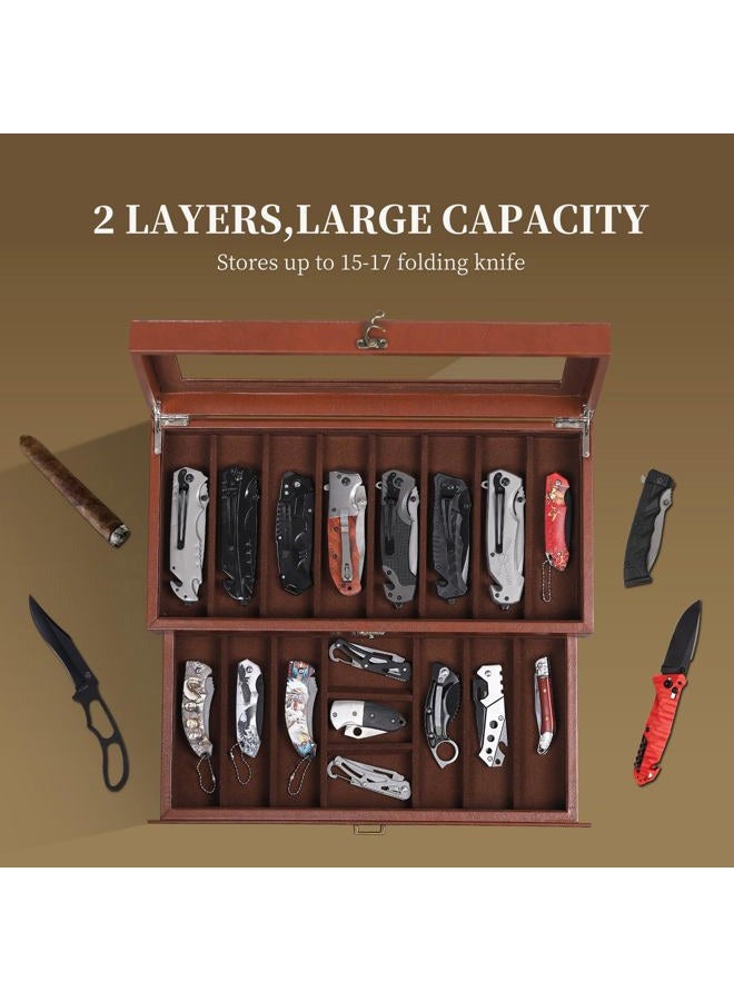AUTOARK 2-Tier PU Leather & Velvet Knife Organizer with 17 Slots,Transparent Glass Top & Drawer,Compact Storage for Pocket Knives,Perfect for Men's Collections & Gifts,Coffee,MKAW012 - Image 4