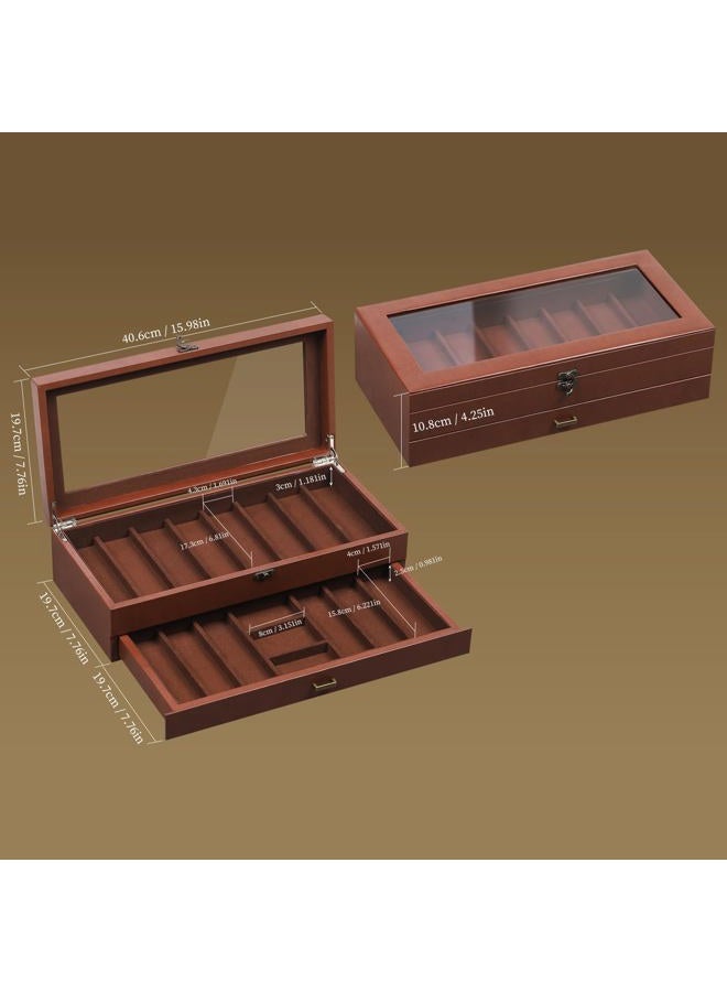 AUTOARK 2-Tier PU Leather & Velvet Knife Organizer with 17 Slots,Transparent Glass Top & Drawer,Compact Storage for Pocket Knives,Perfect for Men's Collections & Gifts,Coffee,MKAW012 - Image 2